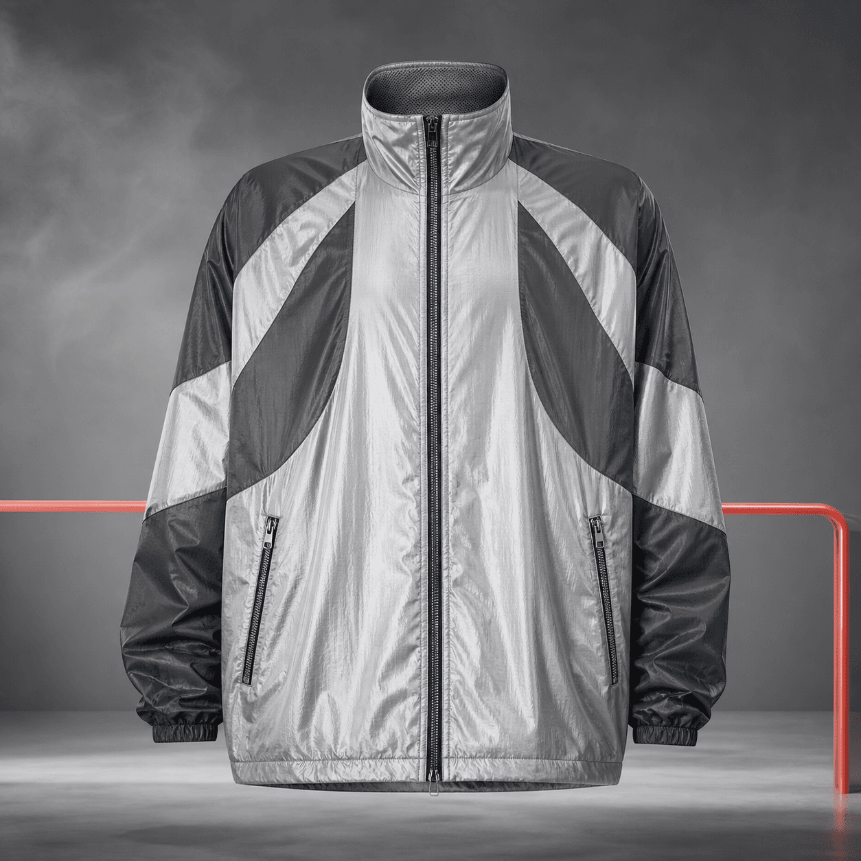 Silver and charcoal technical windbreaker